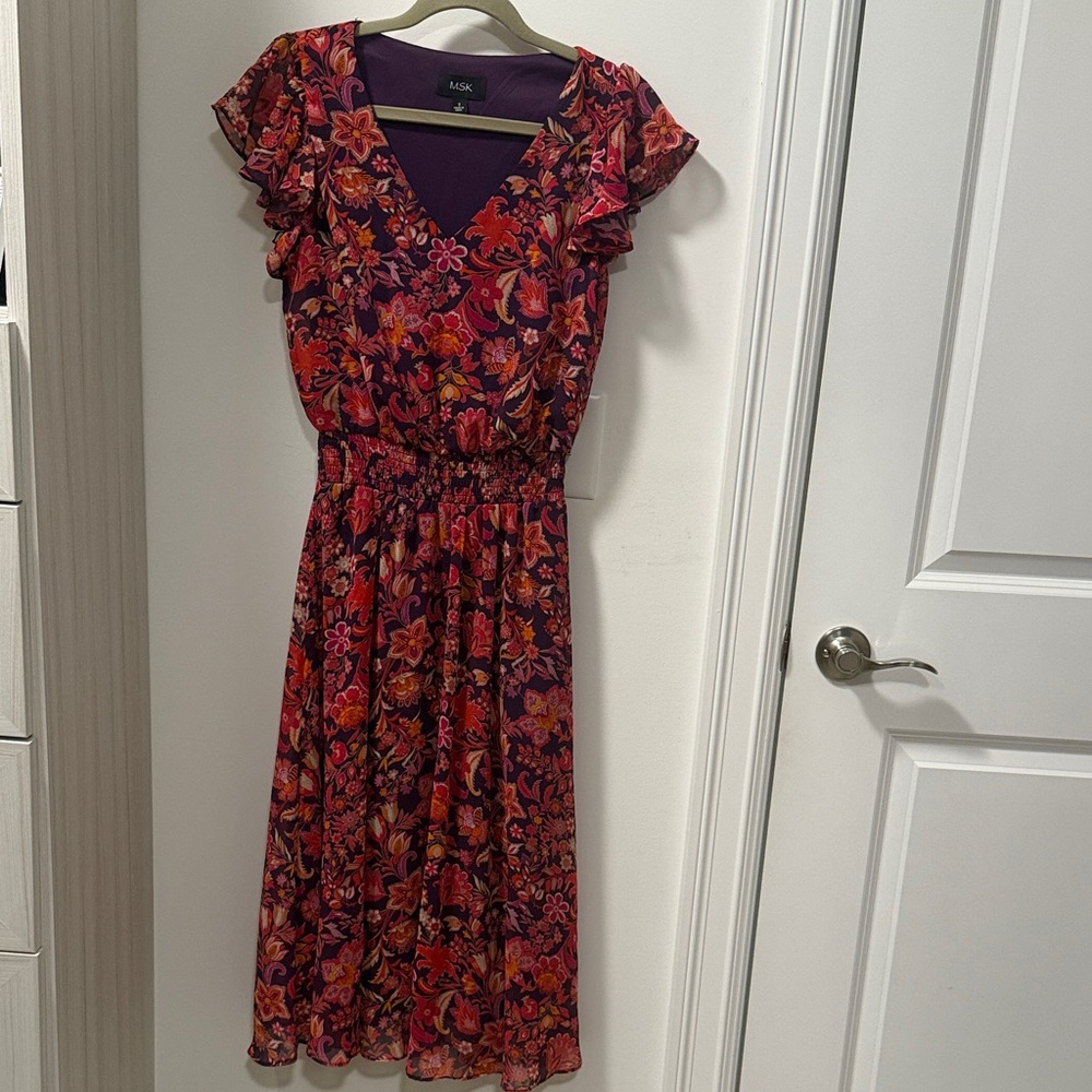 MSK Purple and Red Floral Midi Dress
